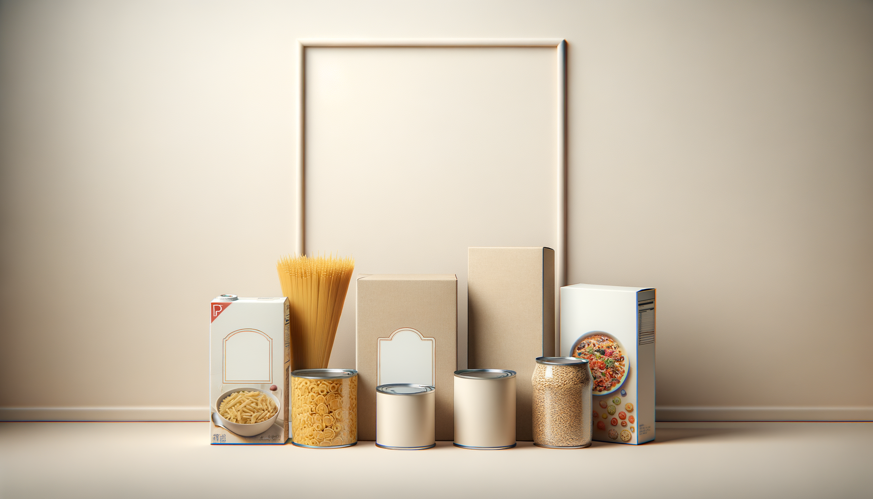 Various types of pasta in boxes, cans, and jars arranged on a shelf against a plain beige background.