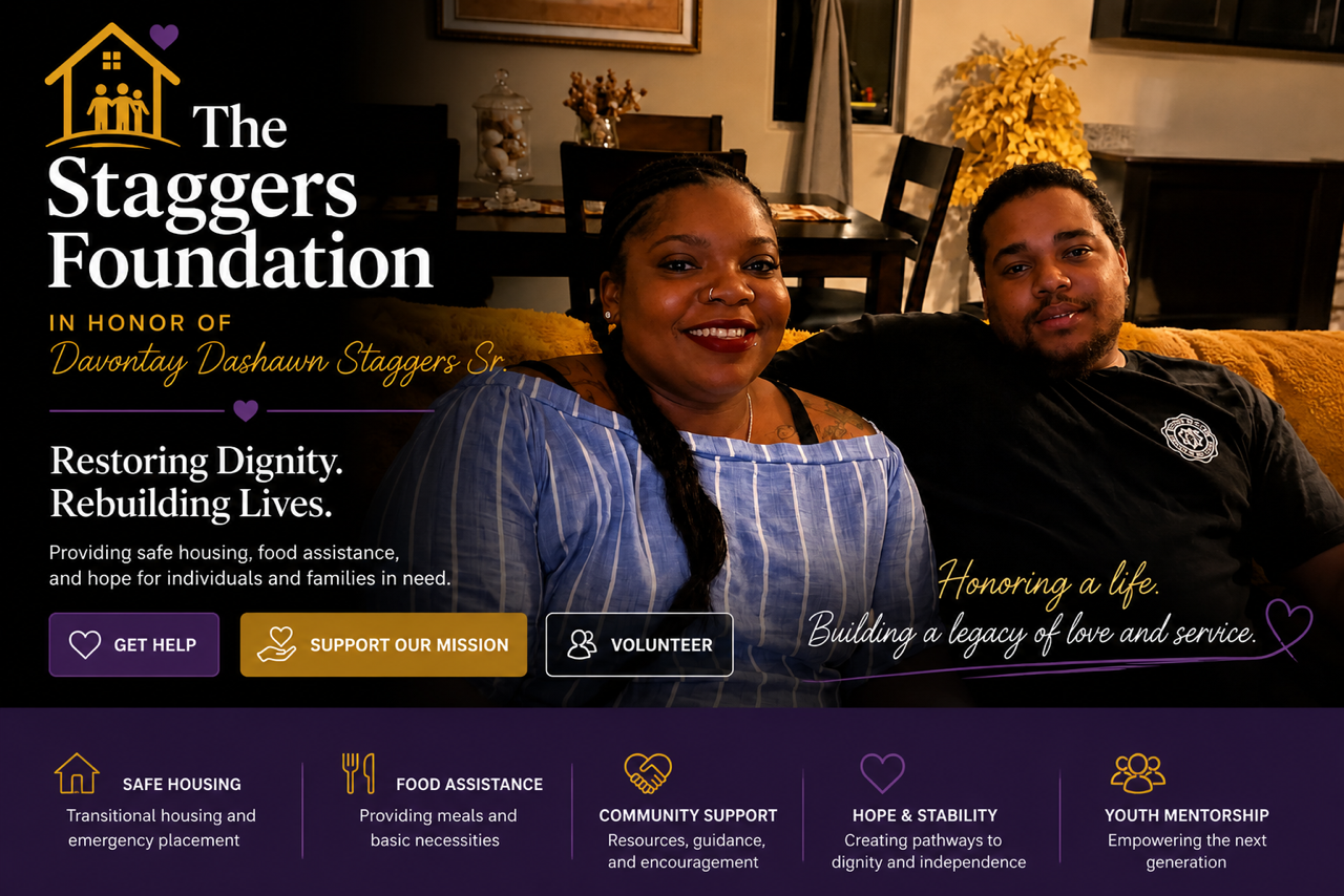The Staggers Foundation website featuring a photo of a smiling woman and man sitting on a yellow couch, with navigation buttons and informational icons about safe housing, food assistance, community support, hope and stability, youth mentorship, and a call to action for help, support, and volunteering.