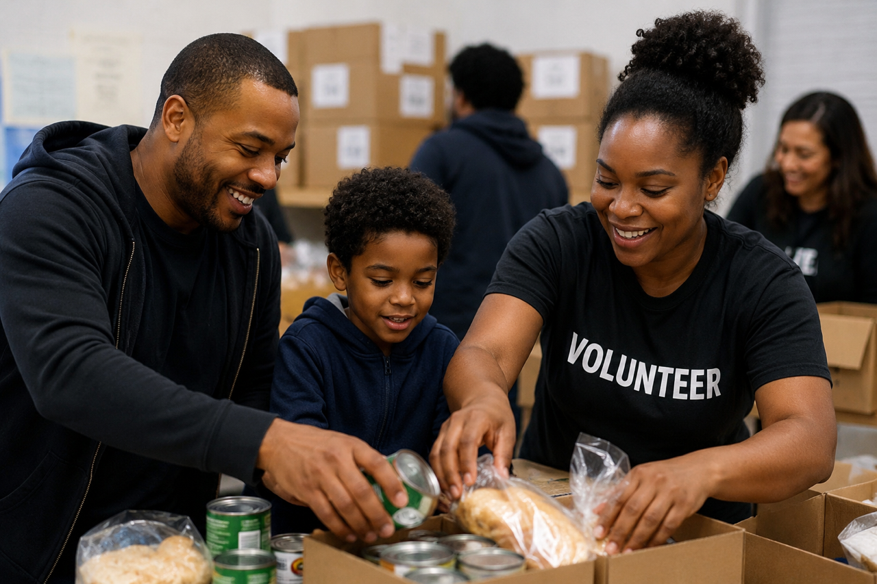 Volunteers and a young boy packing canned goods and food items into boxes, smiling in a warehouse setting.