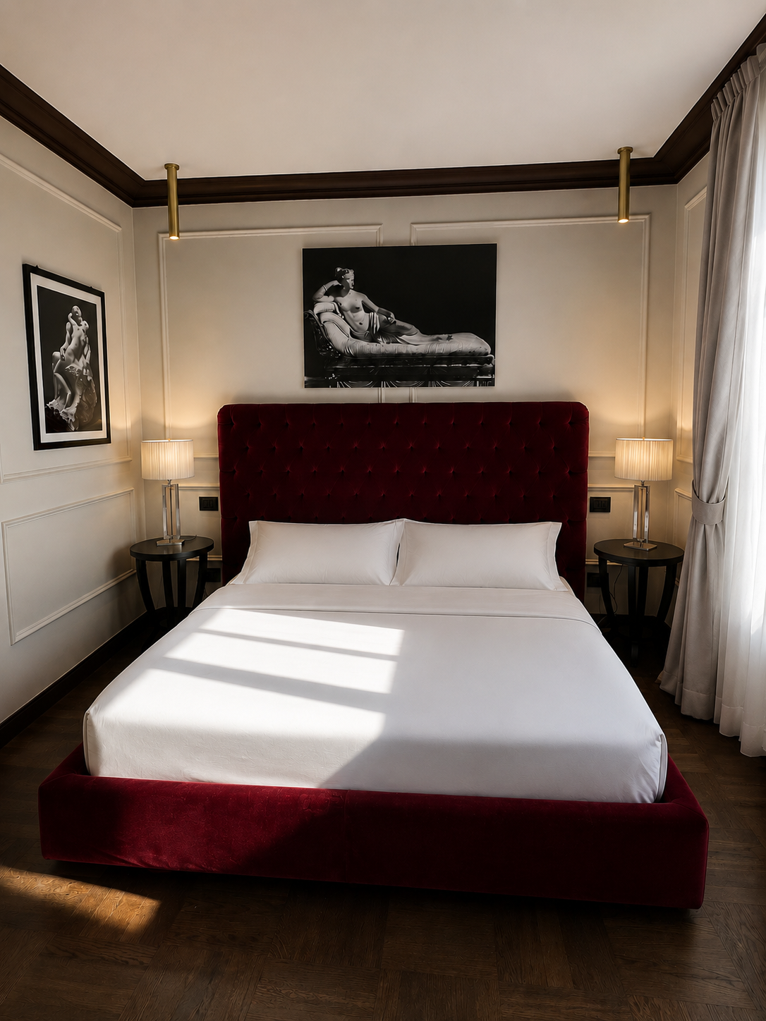 A bedroom with a red upholstered bed frame, white bedding, two bedside lamps, black and white artwork on the walls, and white curtains next to a window.