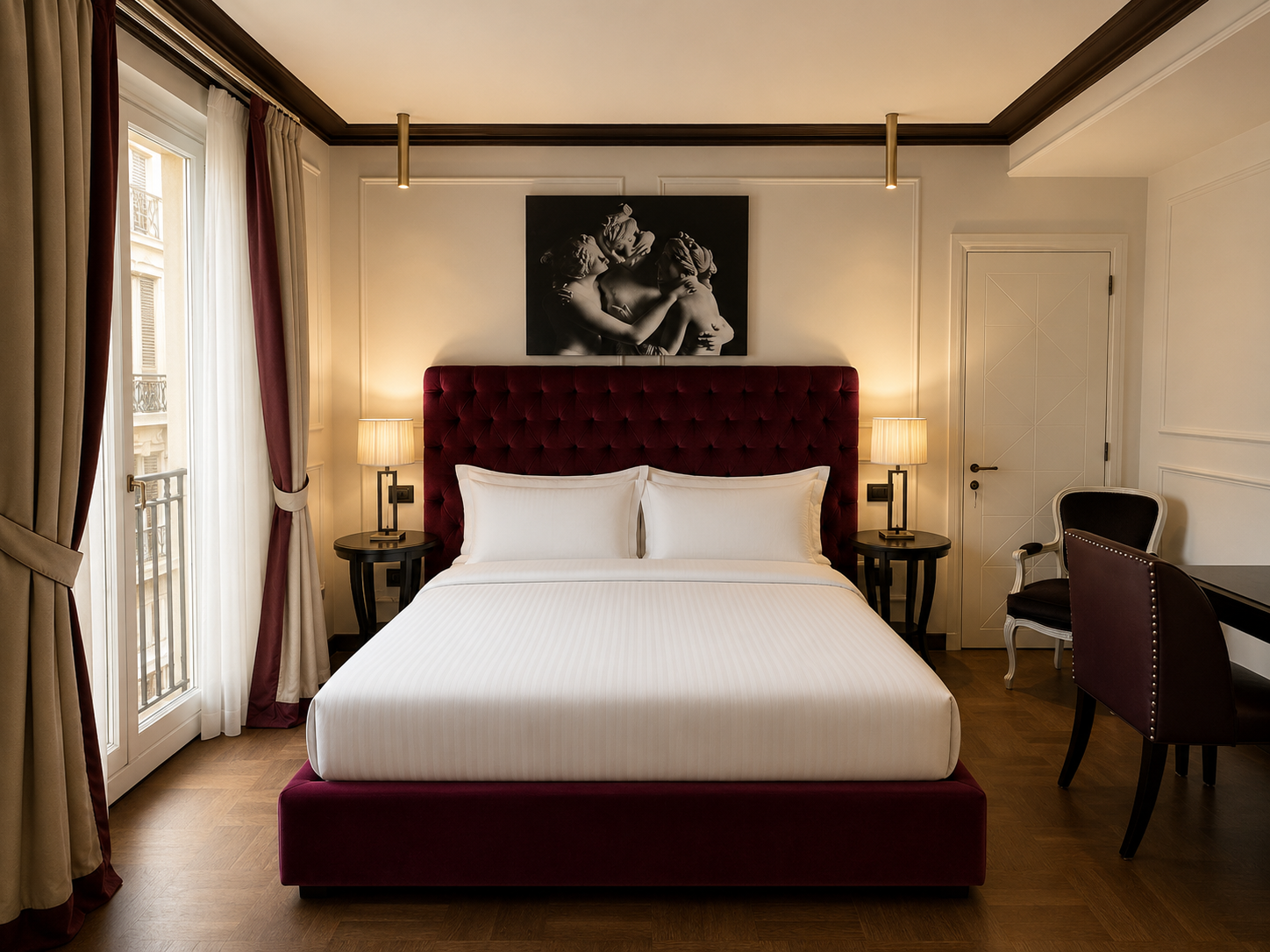 A hotel room with a large bed with white linens, a red upholstered headboard, two nightstands with lamps, and a black-and-white artwork above the headboard. There are curtains on a window to the left and a chair and desk to the right.