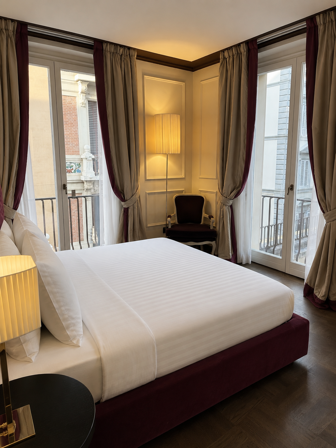 Elegant hotel room with a large bed, tall windows with cream and purple curtains, a side table with a lamp, a black armchair, and a tall floor lamp, overlooking buildings outside.