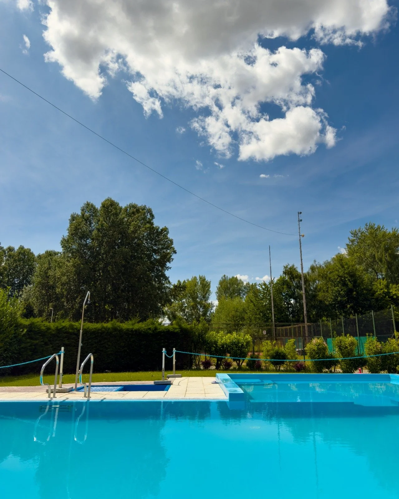 A swimming pool with metal handrails, surrounded by lush green trees and a tall fence, with a blue sky and clouds overhead.