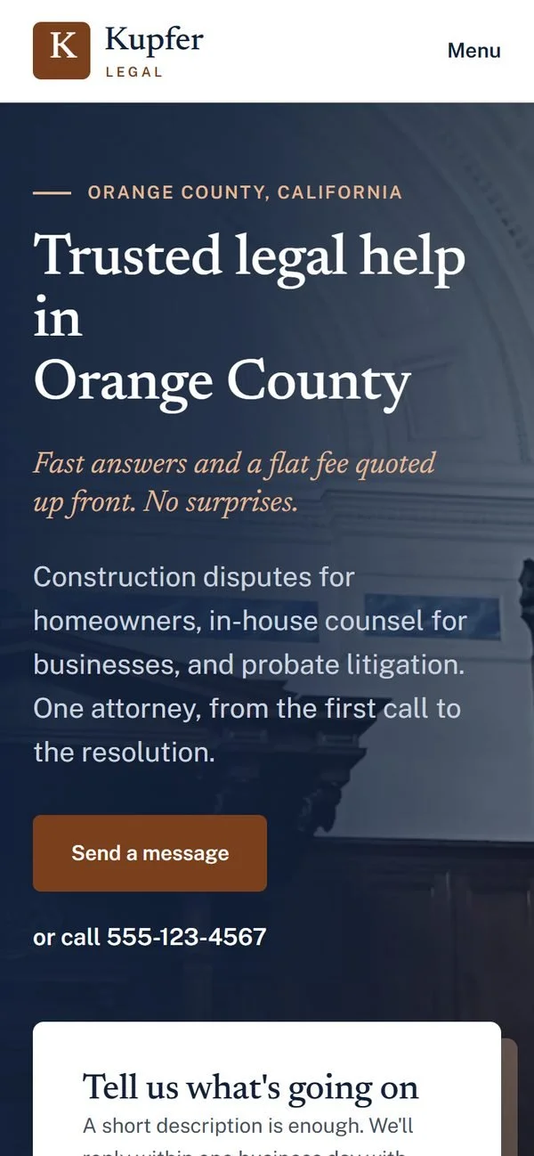 Kupfer Legal, law firm website by Delight Sites, mobile view