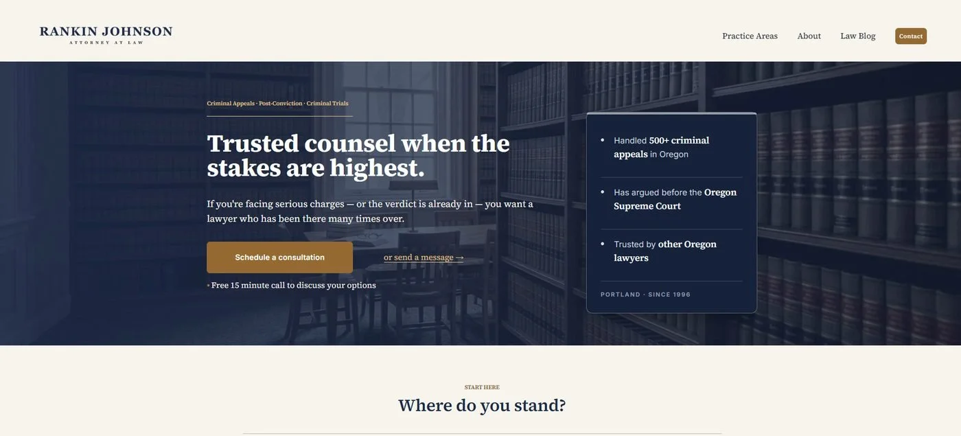 Rankin Johnson Law, criminal appeals attorney in Portland, website by Delight Sites, desktop view