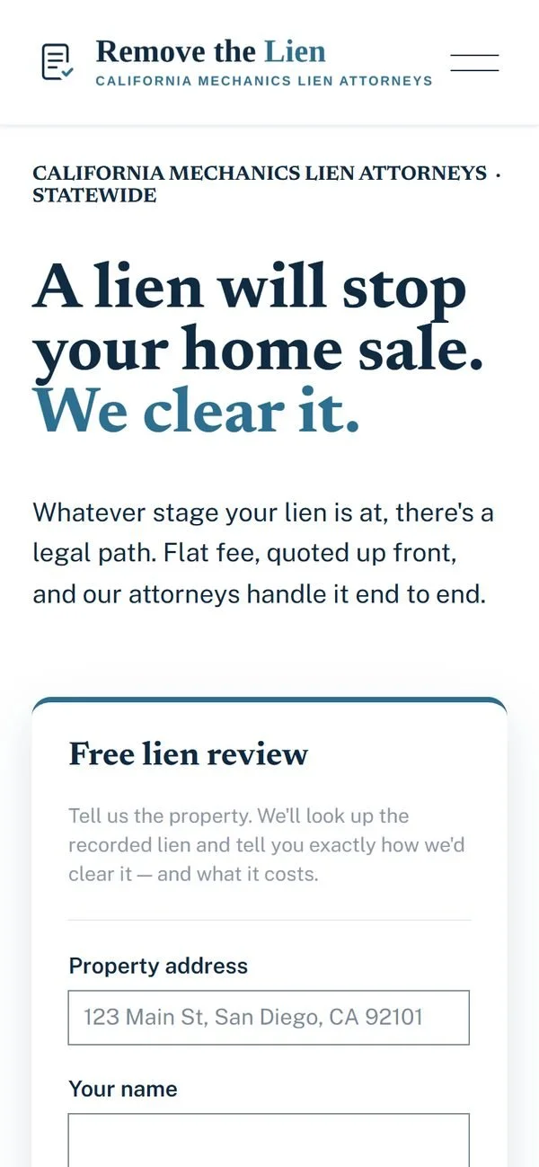Remove the Lien, California mechanics lien attorneys, website by Delight Sites, mobile view