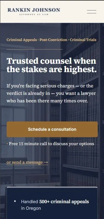 Rankin Johnson Law, criminal appeals attorney in Portland, website by Delight Sites, mobile view
