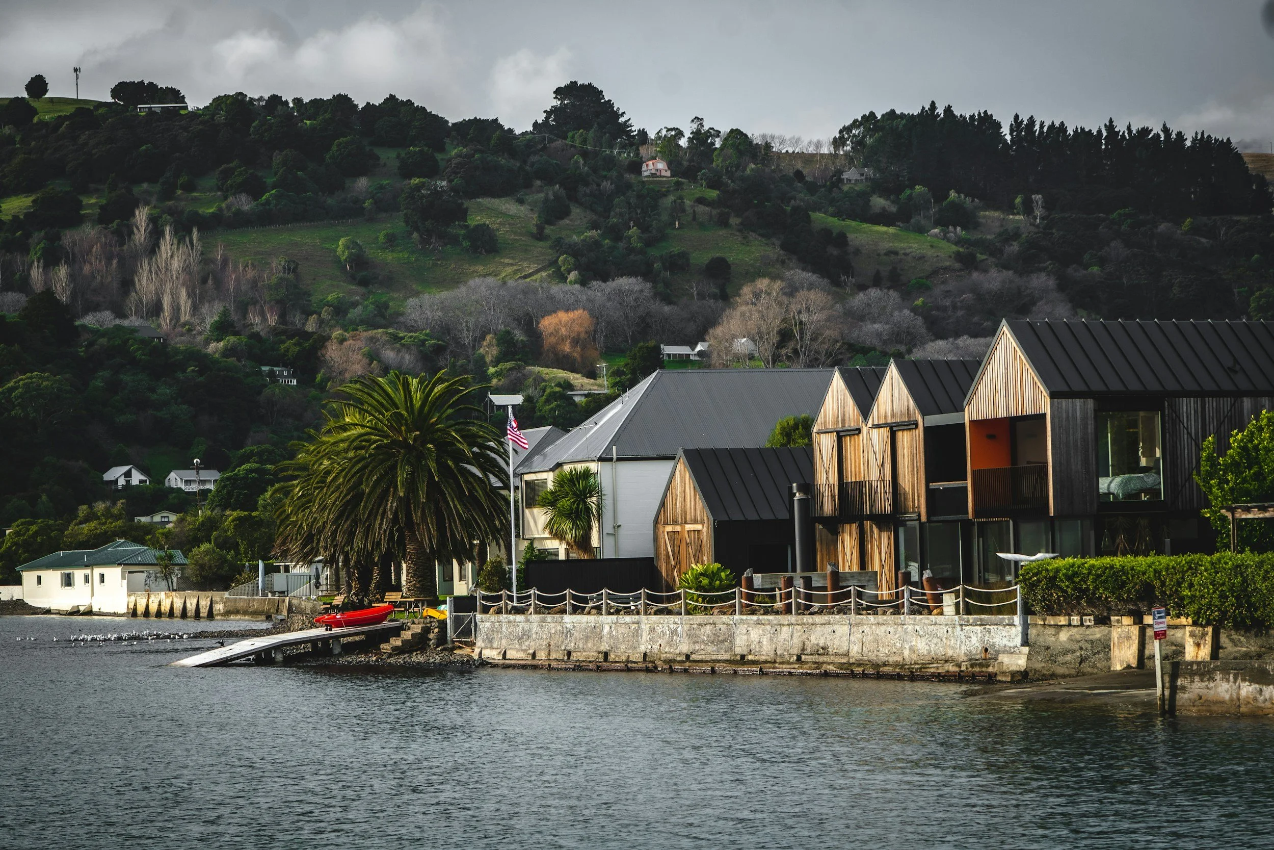 A coastal scene with modern houses on the shoreline, a palm tree, a flagpole with an American flag, boats and water, and a hillside covered with trees and houses in the background under a cloudy sky.