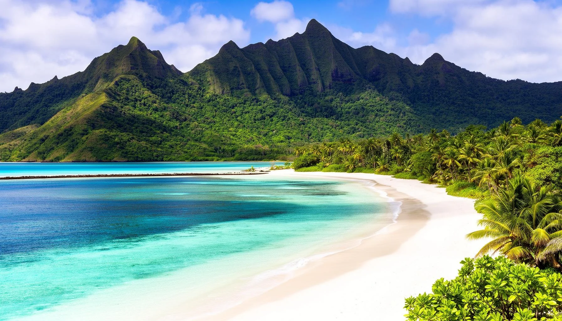 A tropical beach with white sand, turquoise water, lush green palm trees, and towering green mountains in the background.