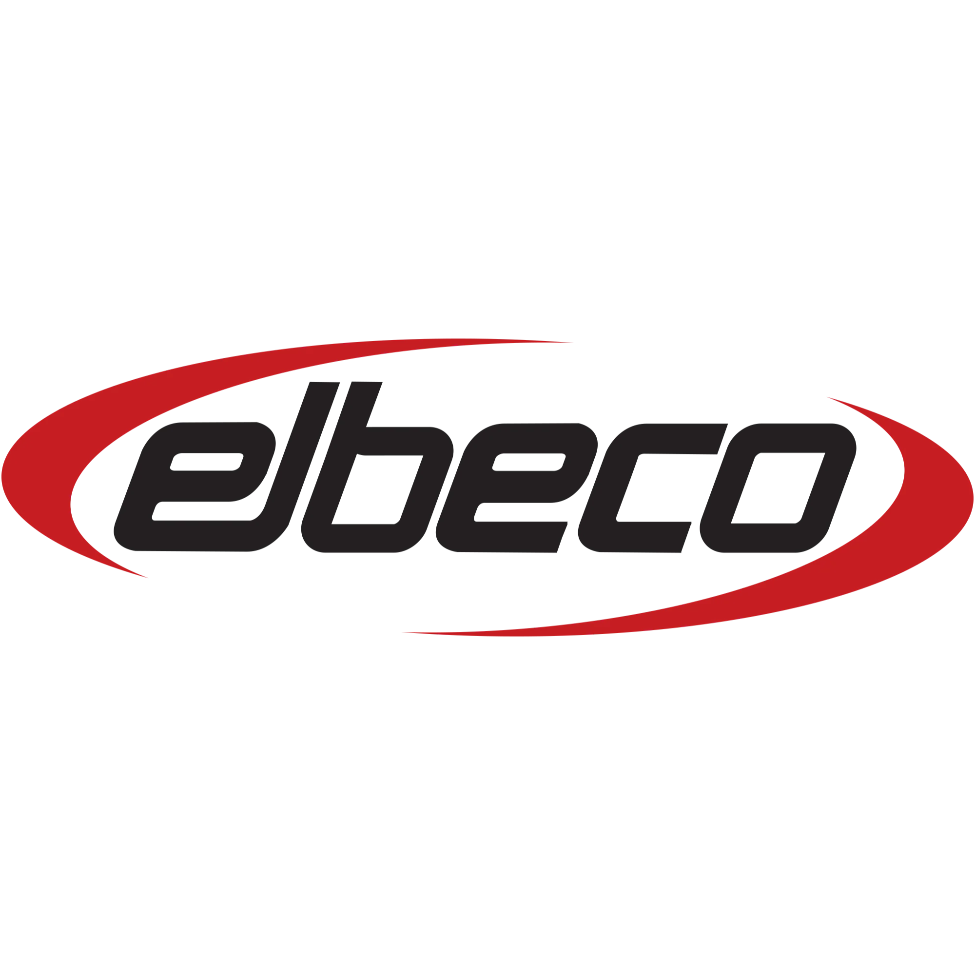 Official Elbeco logo featuring the word "elbeco" in a stylized, bold, dark grey italicized font, framed by a dynamic red oval swoosh, isolated on a white background.