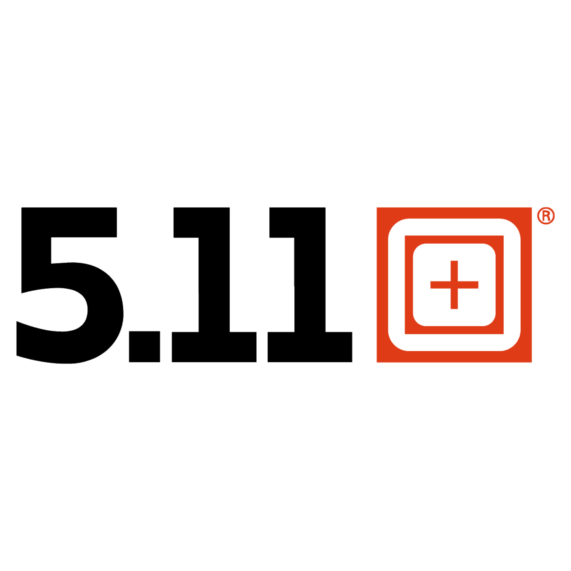 Official 5.11 Tactical logo featuring bold black "5.11" text next to a square orange icon containing a white outline and a central plus sign, isolated on a white background.