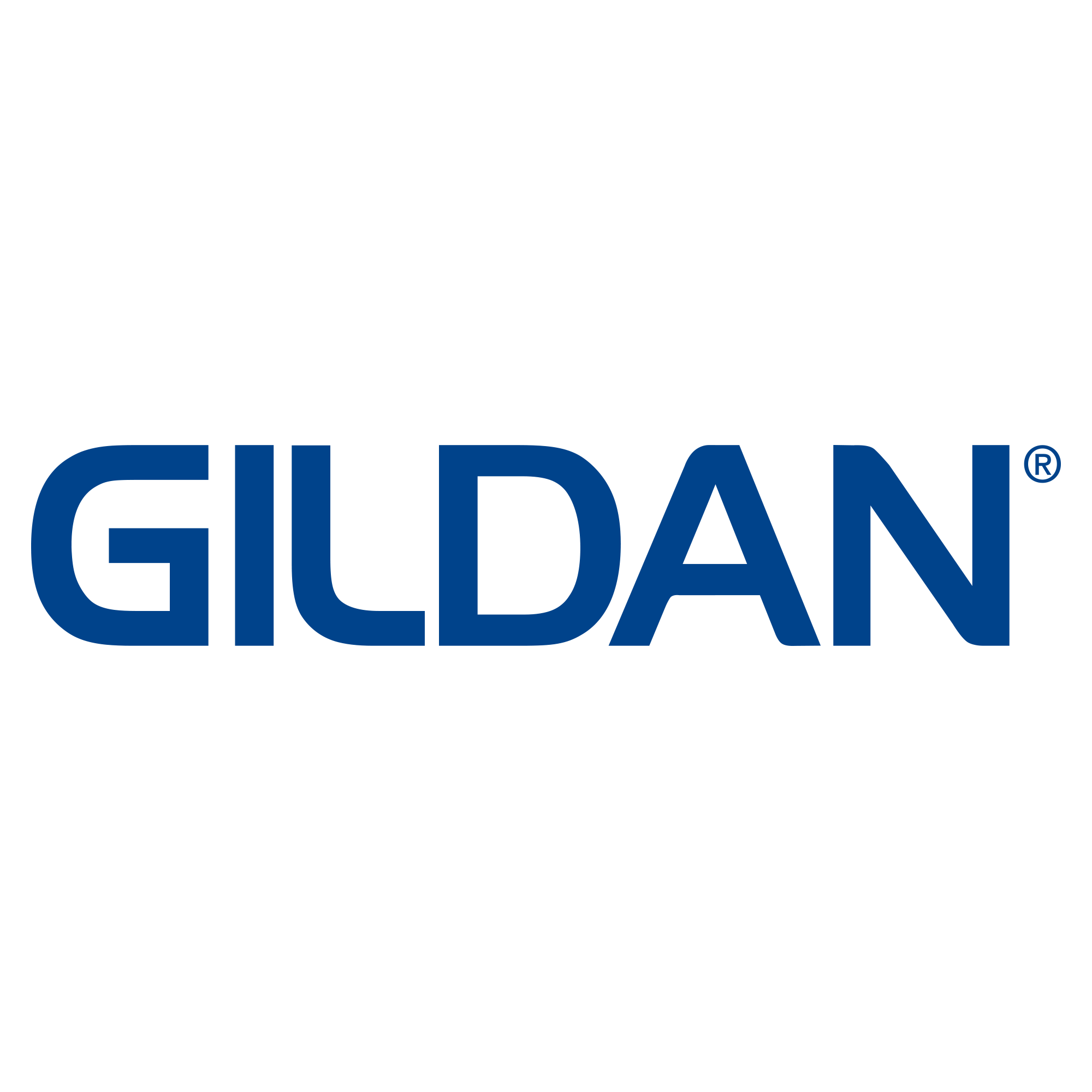 Official Gildan logo featuring the brand name "GILDAN" in a bold, dark blue, custom sans-serif uppercase font, isolated on a white background.
