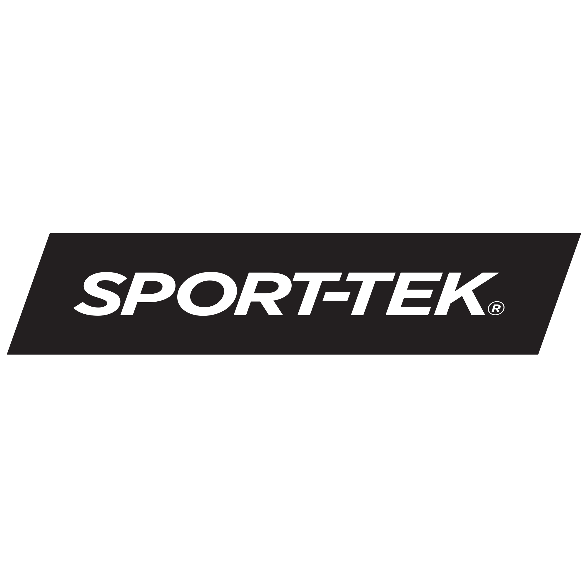 Official Sport-Tek logo featuring the brand name "SPORT-TEK" in white, bold, italicized uppercase font, enclosed inside a slanted black rectangular banner, isolated on a white background.