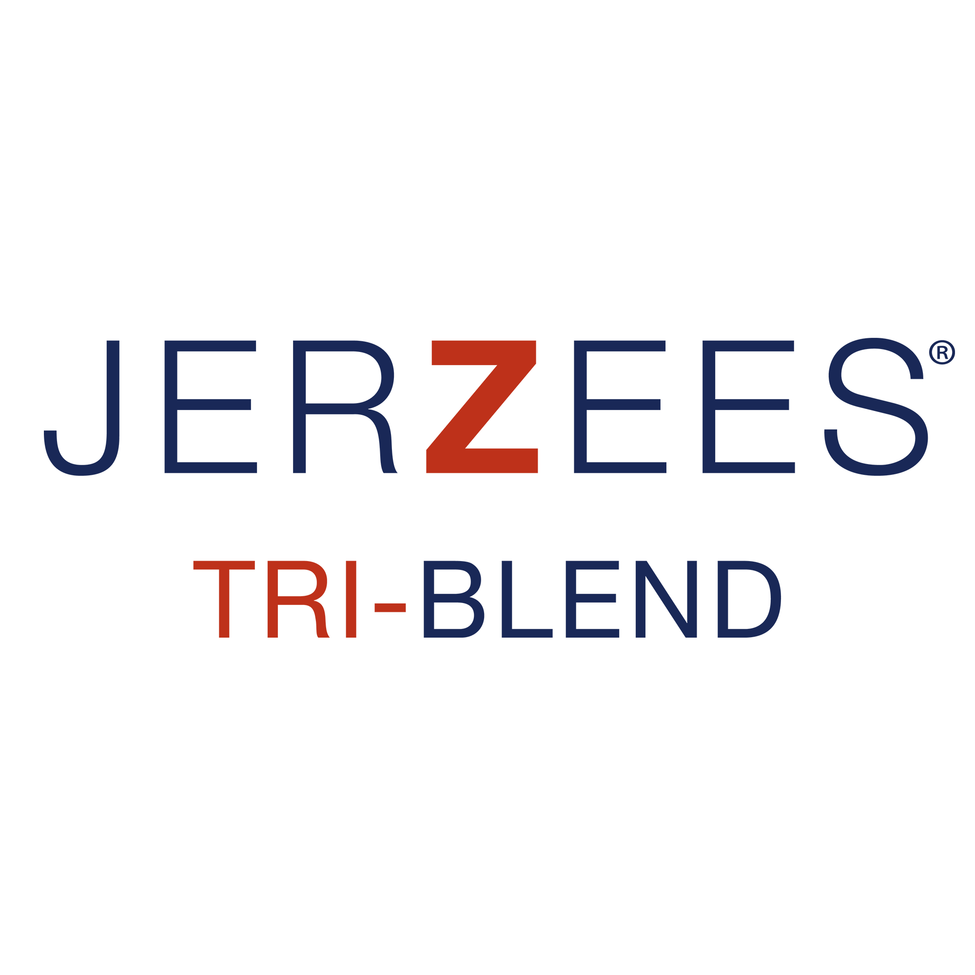 Official Jerzees Tri-Blend logo featuring the word "JERZEES" with a bold orange-red central "Z" above the text "TRI-BLEND", styled in a clean sans-serif dark blue and orange-red font, isolated on a white background.