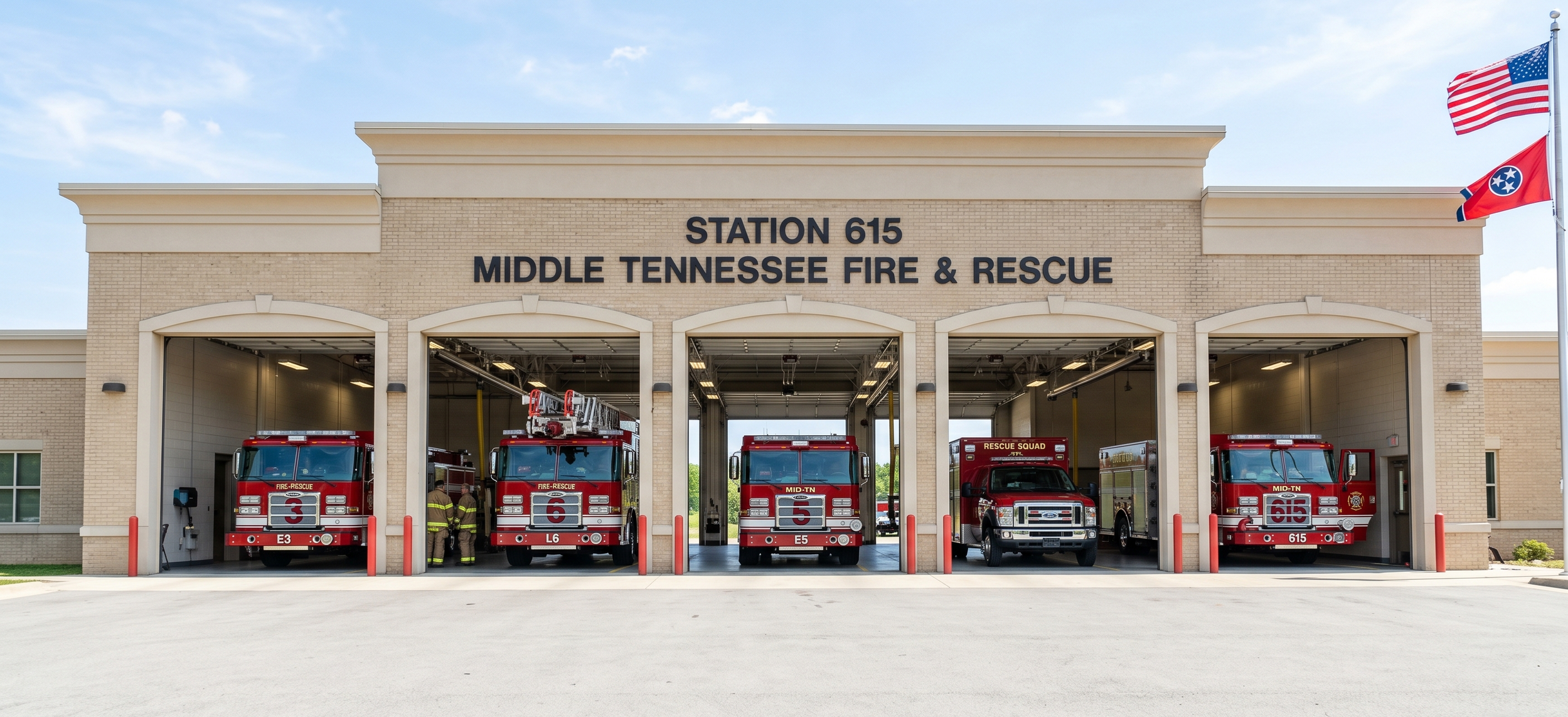 Fire station with four red fire trucks parked inside bays at Station 615 Middle Tennessee Fire & Rescue, with American and Tennessee flags flying outside.
