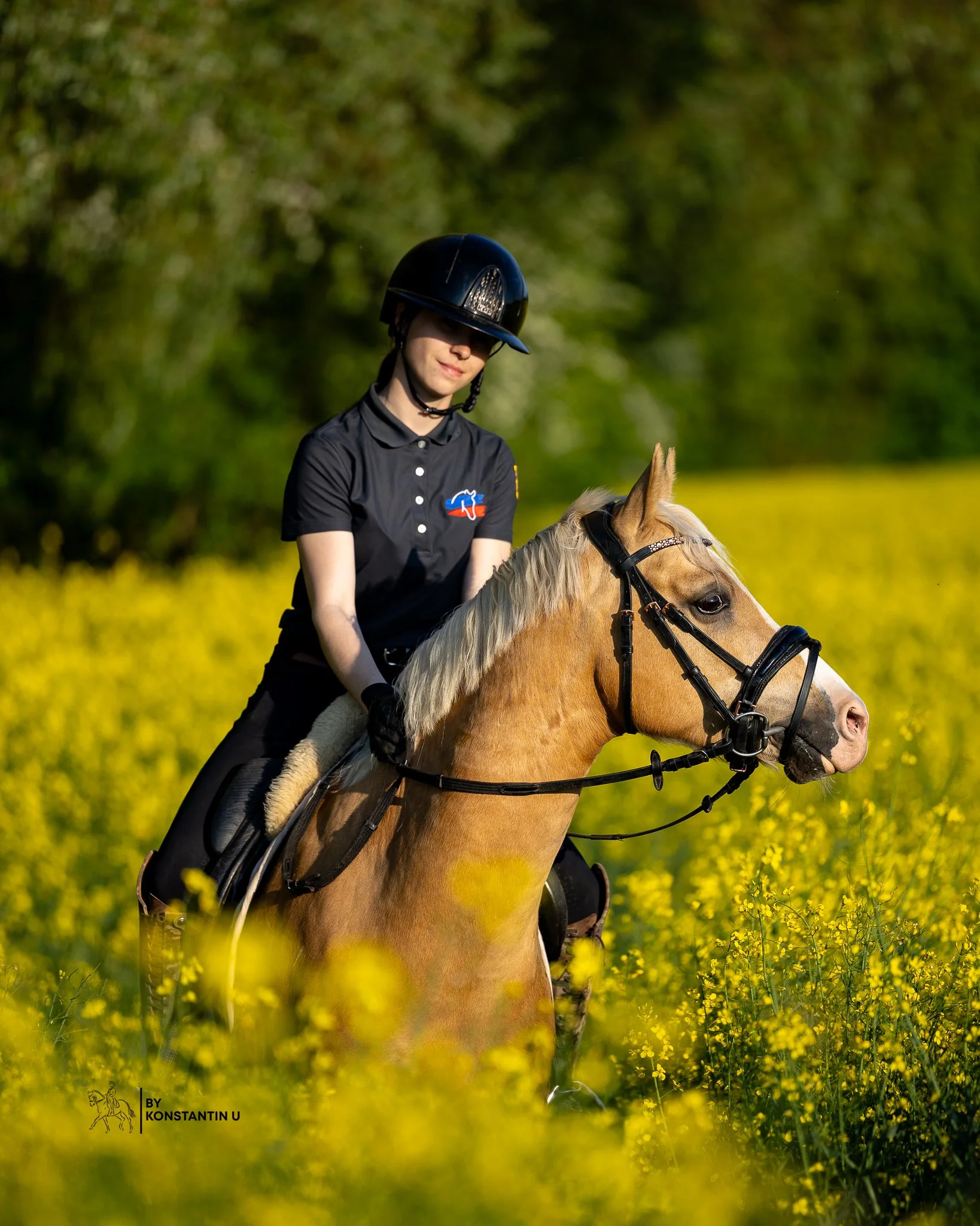 Junge Frau reitet auf einem Pferd in einem Rapsfeld. Sie trägt einen schwarzen Reithelm und ein schwarzes Polo-Shirt mit einem Logo, das einen weißen Pferdekopf und die Farben Rot, Weiß und Blau zeigt.