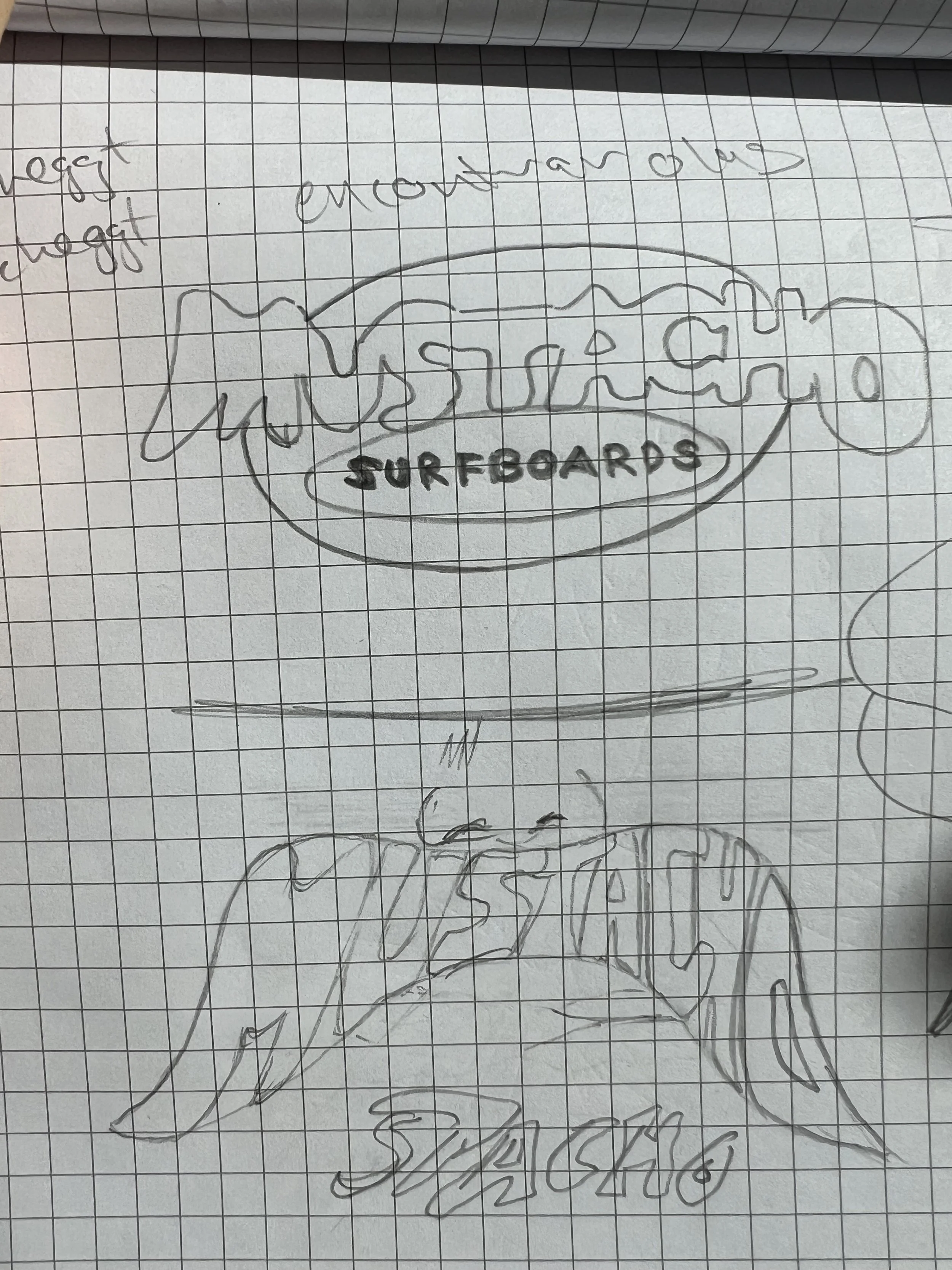Handgezeichnetes Surfbrett mit dem Text 'SURFBOARDS' und weiteren unleserlichen Schriftzügen.