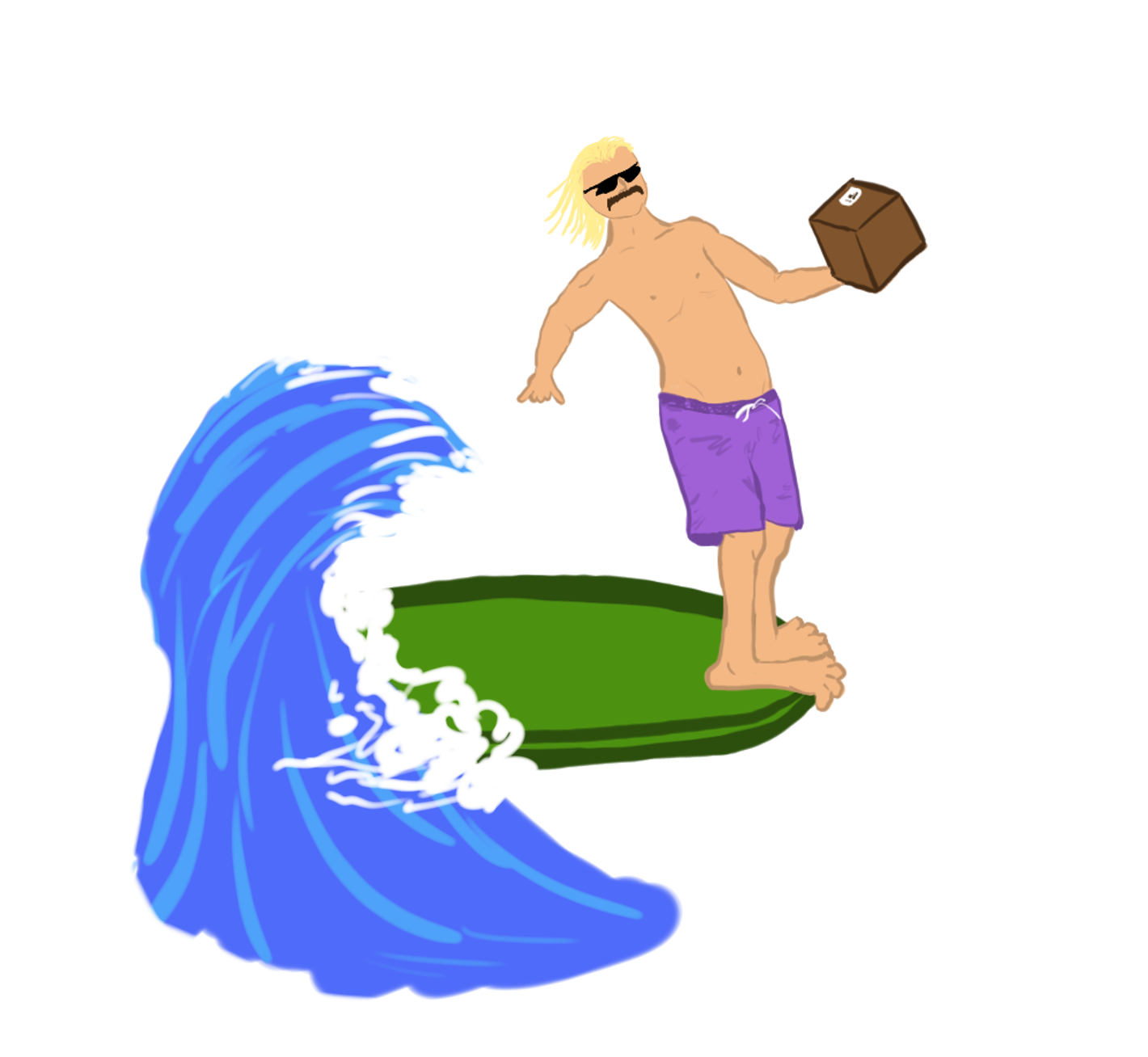 Ein Cartoon-Charakter steht auf einem grünen Surfbrett, hält ein Packet in der Hand und beobachtet eine große, brechende Welle surft.
