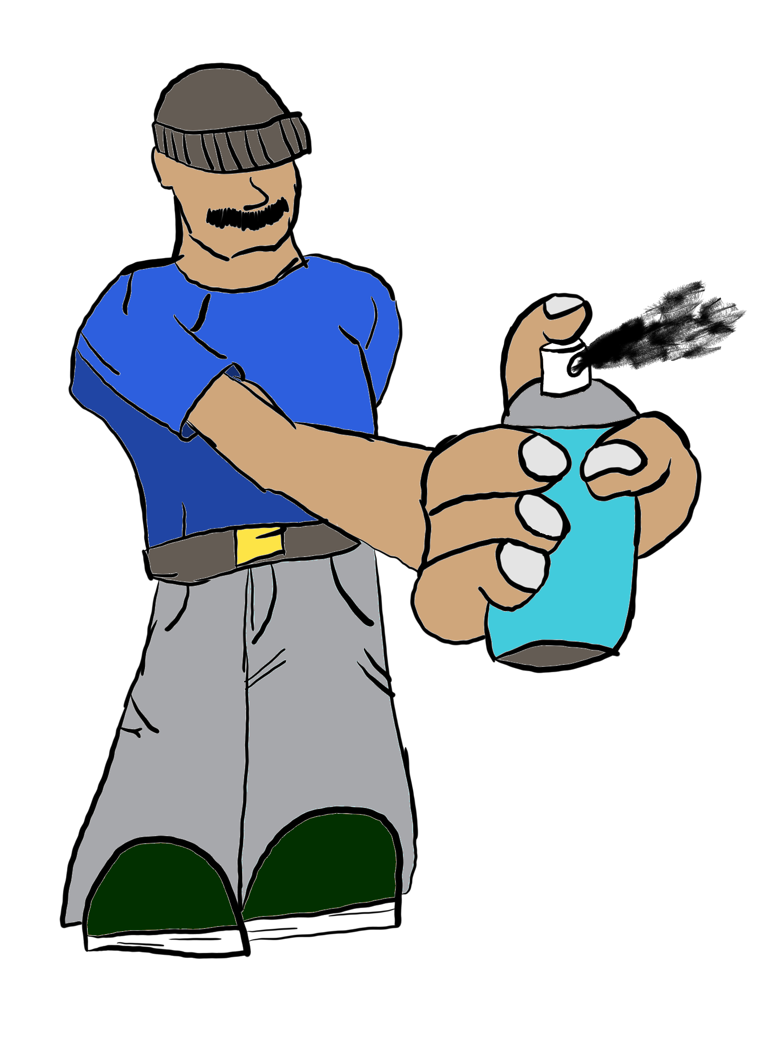 Ein Mann trägt eine graue Mütze, ein blauen T-Shirt und eine graue Hose, hält eine Dose Spray in der Hand und hat einen Schnurrbart.