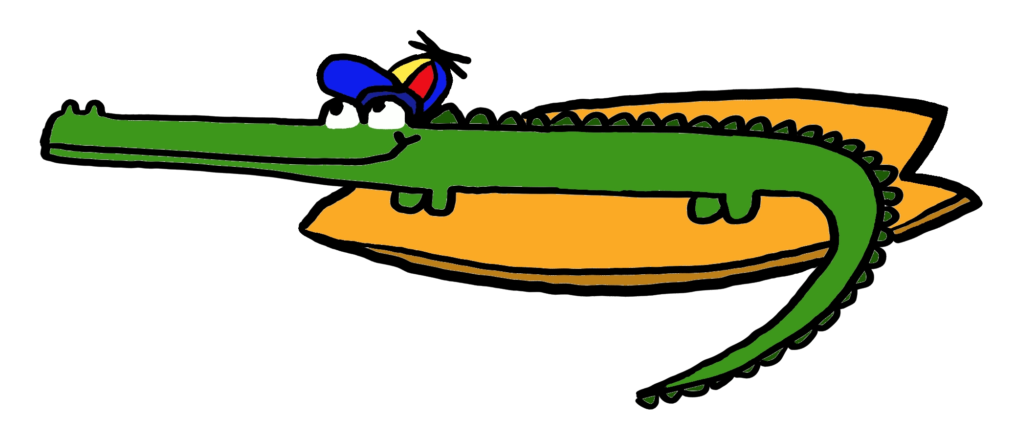 Ein Cartoon-Krokodil liegt auf einem gelben Surfbrett, trägt einen Hut mit roter und gelber und blauer Farbe auf dem Kopf, und hat eine freundliche Miene.