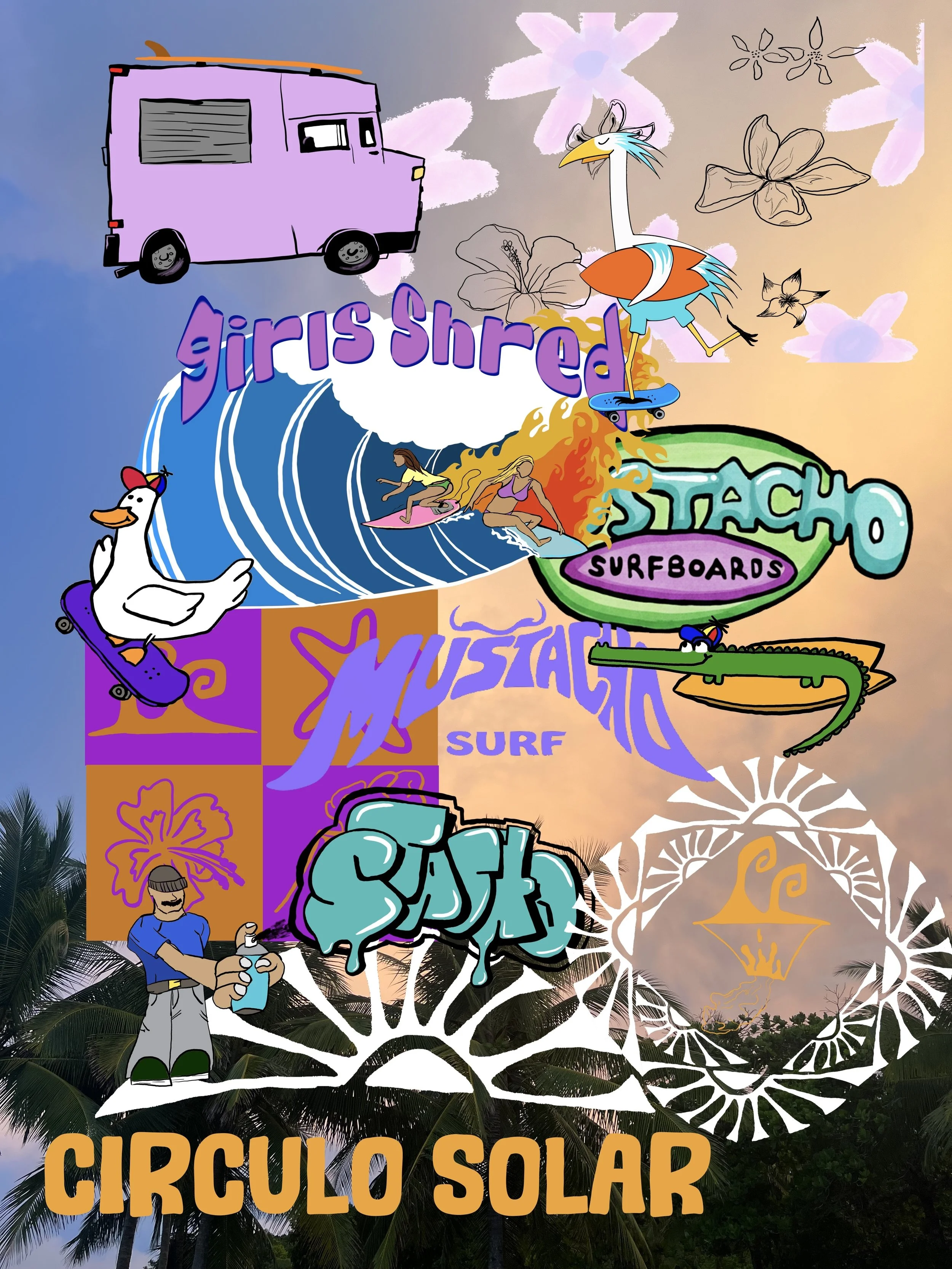 Collage von Skulpturen und Graffiti mit Texten wie ‚girls shred‘ und ‚CIRCUITO SOLAR‘, mit Sonnen- und Wellenmotiven sowie Portland, Surf, Skate- und Sonnen-Symbolen, vor Palmenhintergrund.