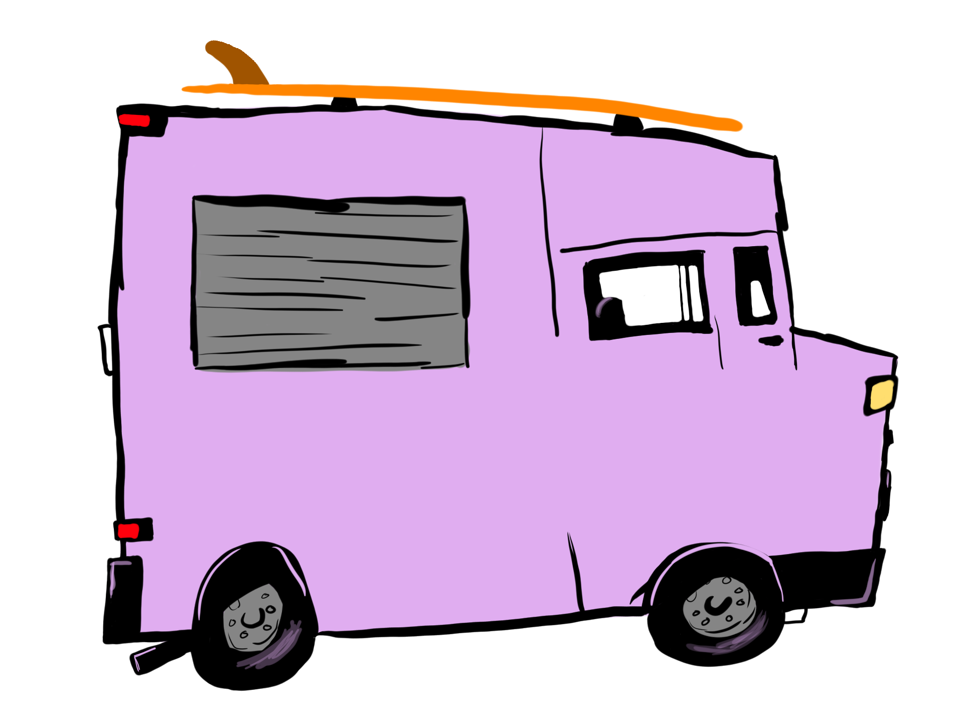 Eine Illustration eines kleinen, lila Lieferwagens mit schwarzen Rädern, einem Fenster auf der Seite und einem grauen Kofferraum. Der Wagen hat rote und gelbe Reflektoren an den Ecken.