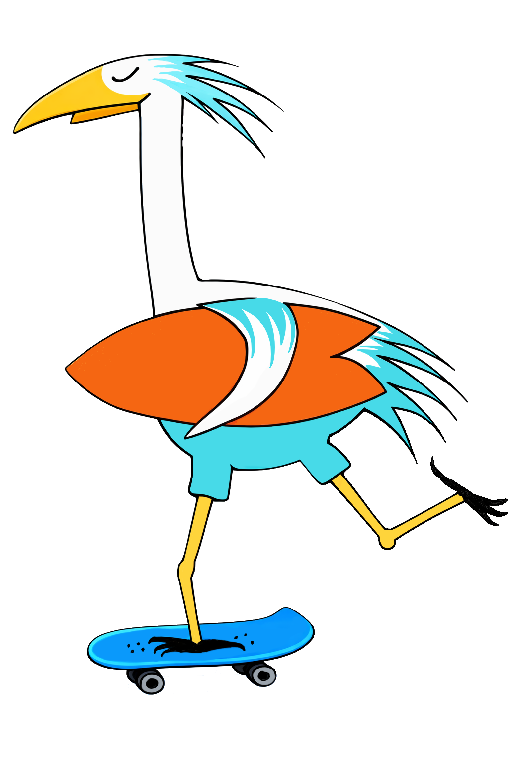 Ein Comic-Vogel mit langer, gelber Schnabel, blauer Kopf und weißen Federkämme, steht auf einem blauen Skateboard.