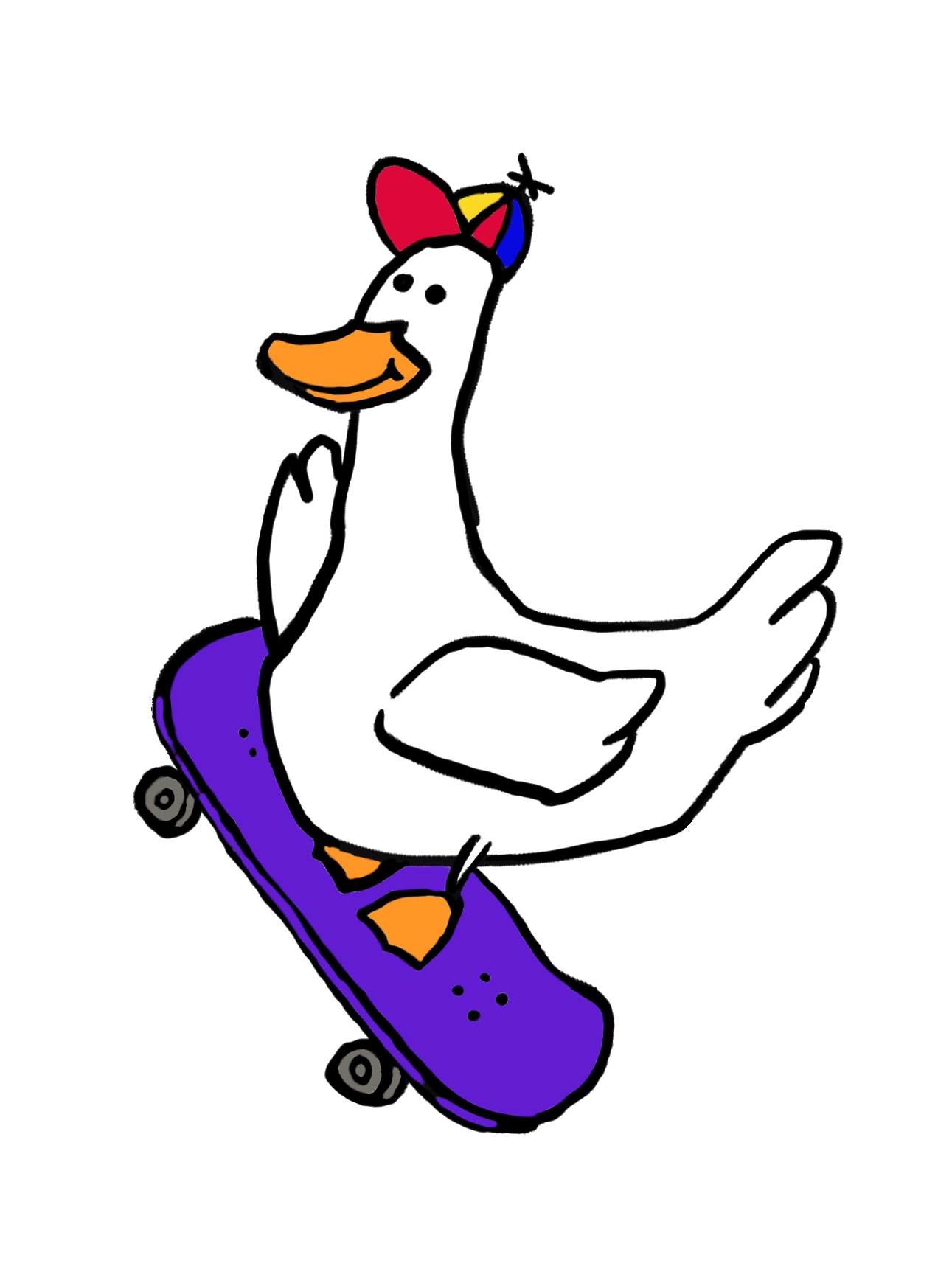 Eine lustige, cartoonartige weiße Gans, die auf einem kleinen, lilafarbenen Skateboard sitzt, mit einem rot, gelb, blau und schwarz bemalten Helm auf dem Kopf und einem glücklichen Gesichtsausdruck.