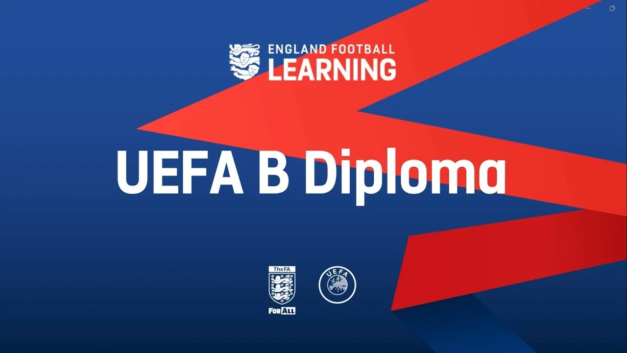 A certificate or diploma titled 'UEFA B Diploma' with logos for England Football and UEFA, on a blue background with red geometric accents.