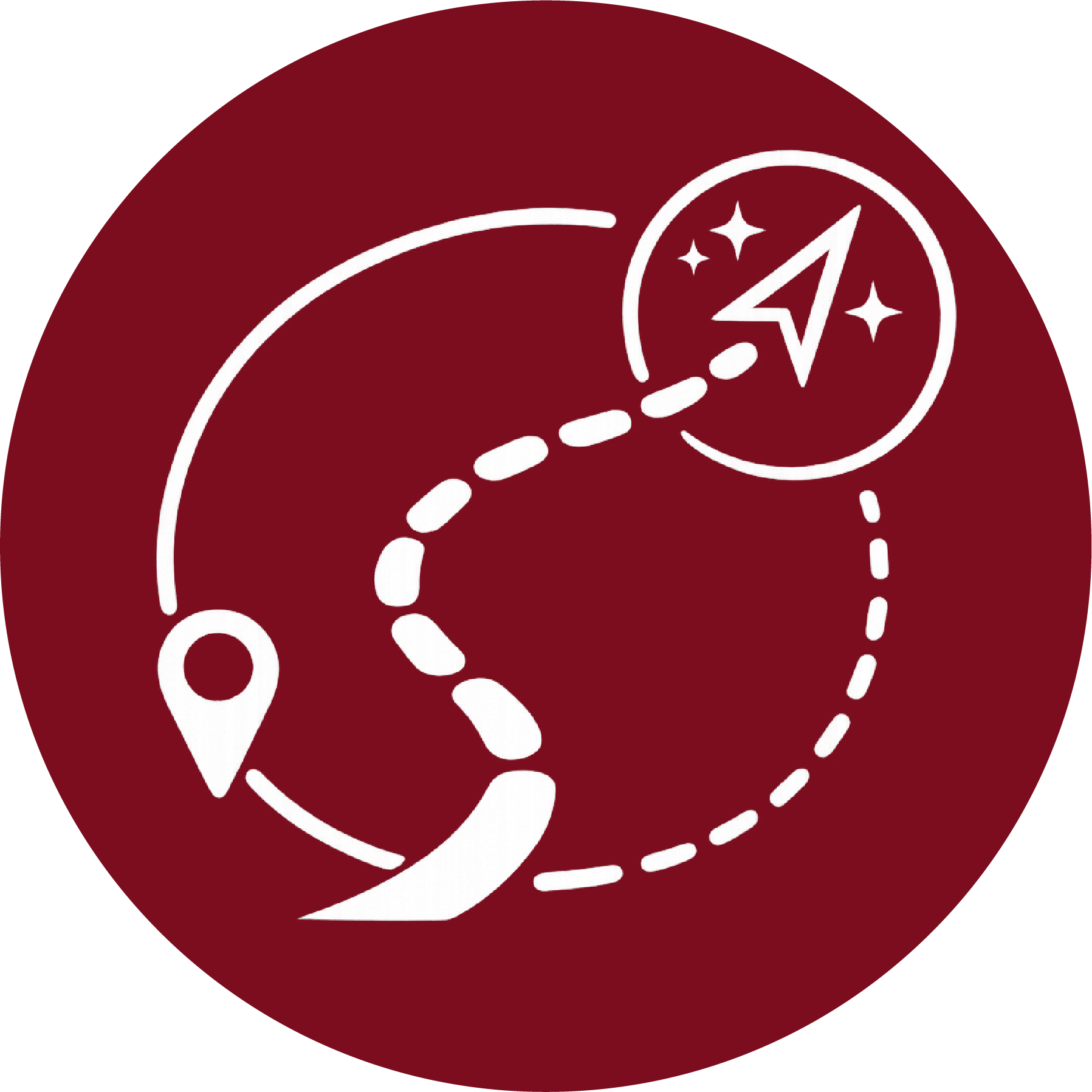 Red circular background with a white dashed path leading to a white circle containing a paper airplane icon and sparkling stars.