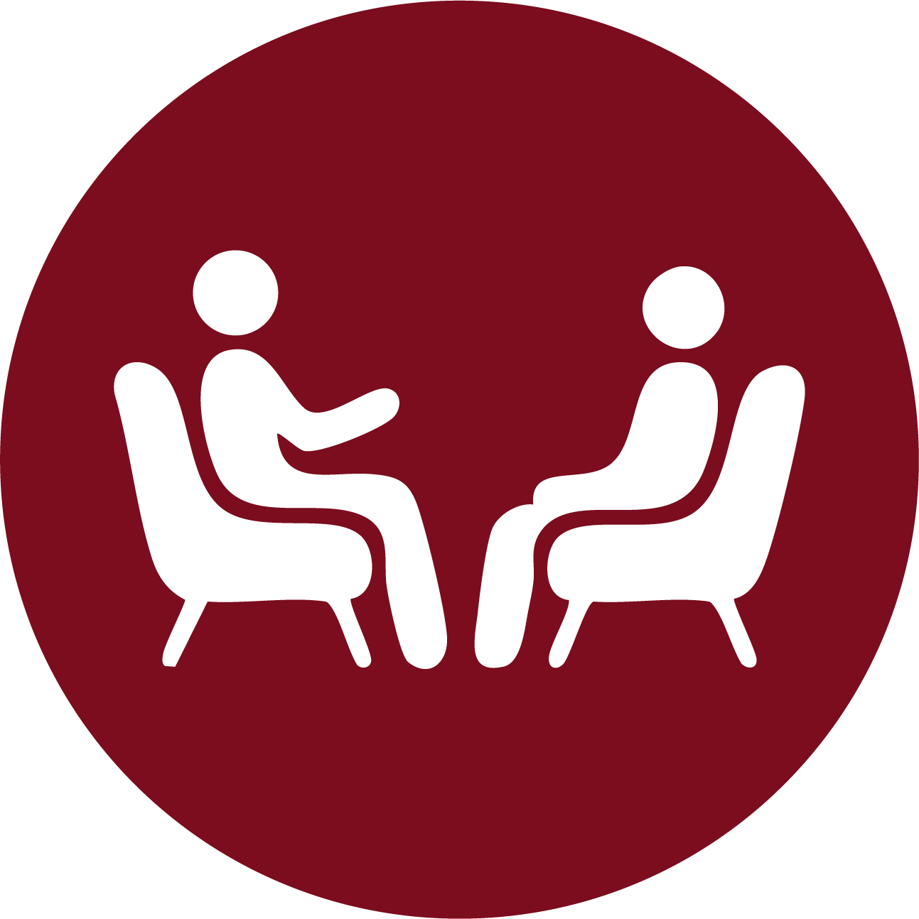 Icon of two people sitting and talking with each other in a circular maroon background.