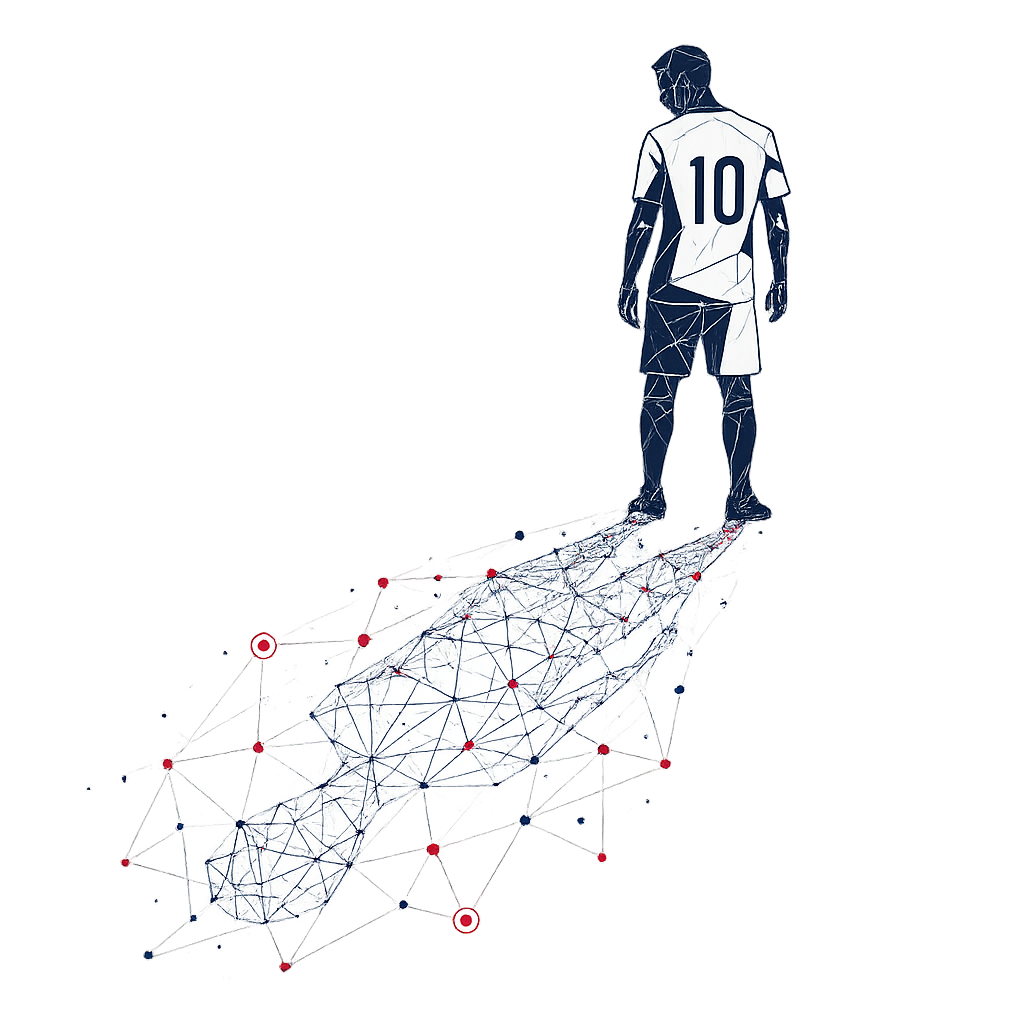 A digital illustration of a soccer player wearing a jersey with the number 10, standing on a stylized digital platform made up of interconnected lines and nodes, representing technology or data networks.