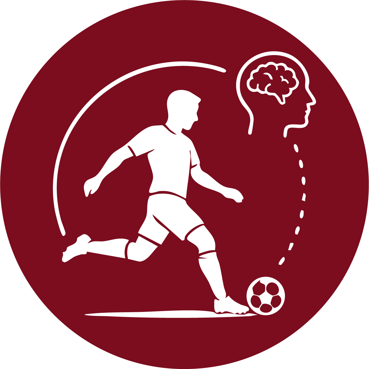 A graphic illustration of a soccer player kicking a ball, with a dotted line leading to a side profile of a human head with a brain inside, on a red circular background.