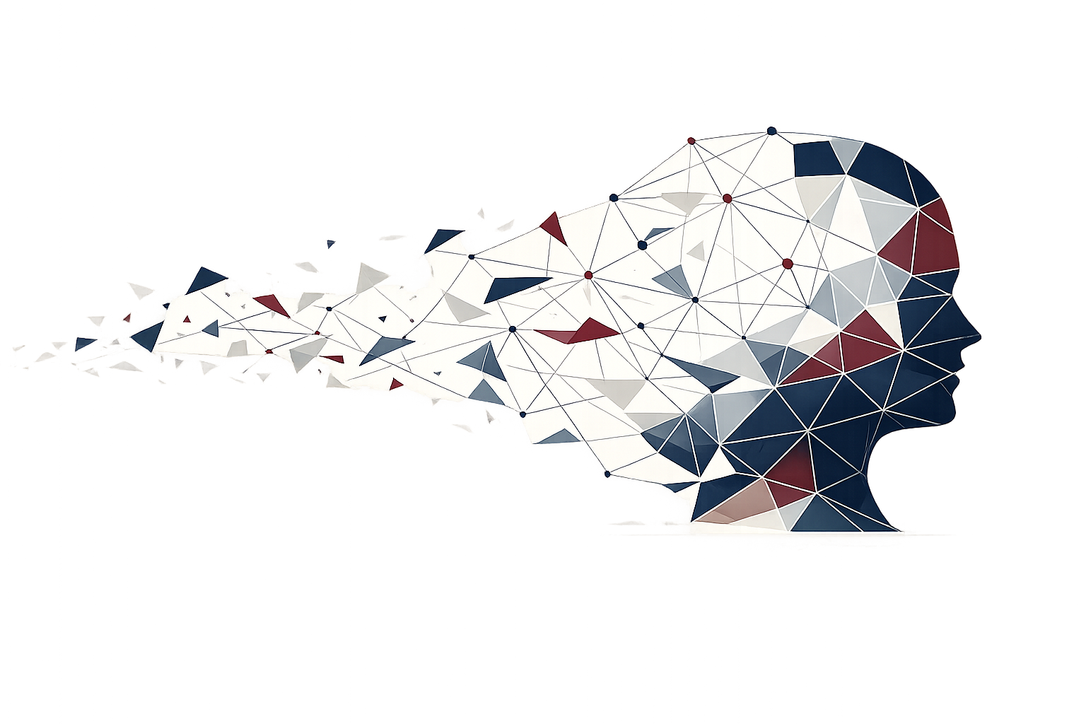 A digital illustration of a human head made of interconnected geometric shapes and lines, resembling a network or neural connections.