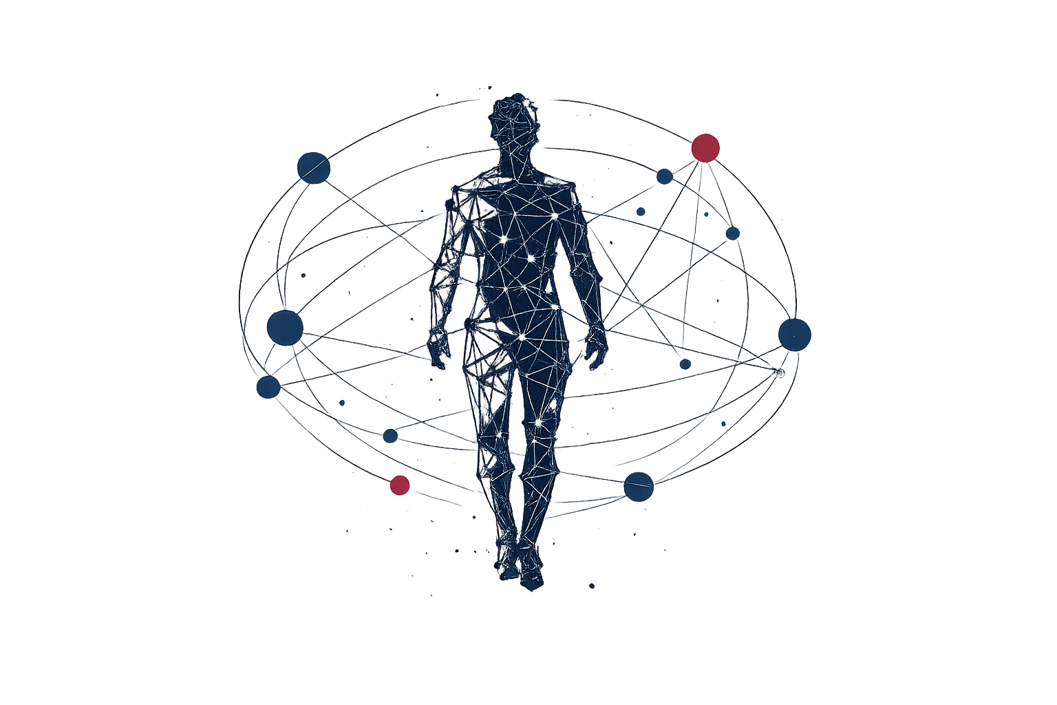 Digital illustration of a human figure made of interconnected lines and points, surrounded by orbiting spheres connected by lines, representing a scientific or technological concept.