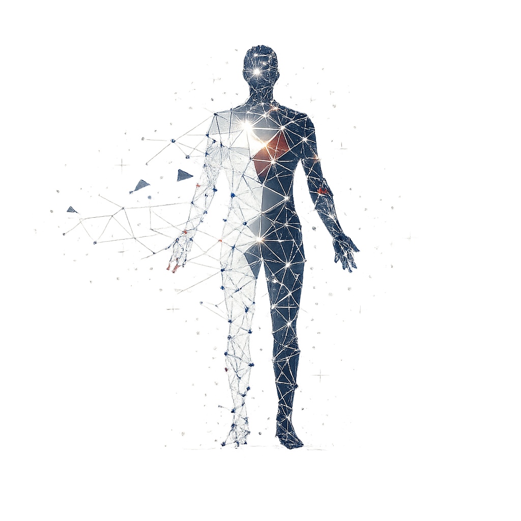 A digital illustration of a human figure with a network of interconnected points and lines forming the body, emphasizing a technological and futuristic theme.