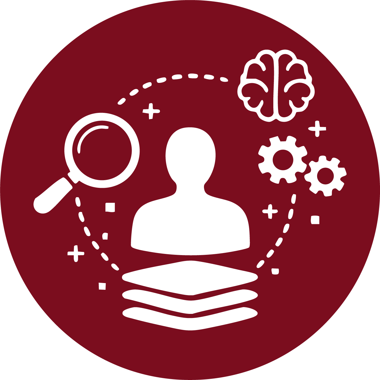 Icon of a person with interconnected symbols for brain, gears, magnifying glass, and books, representing cognitive science or mental processes.
