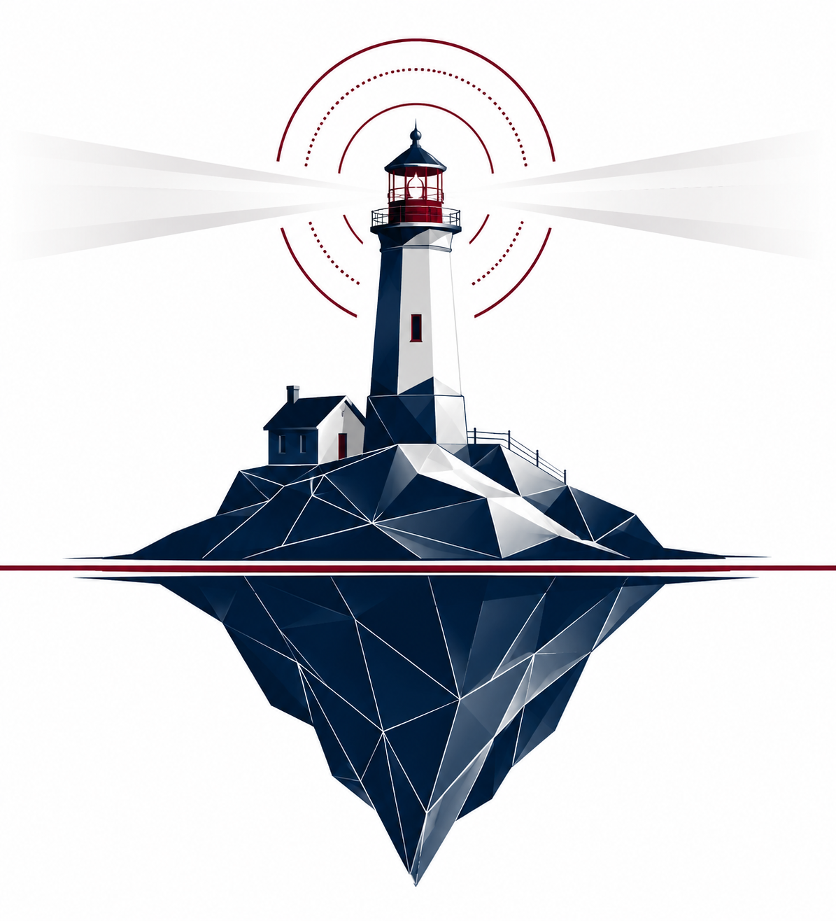 Digital illustration of a lighthouse on a rocky island with geometric style, with a reflection in the water and radar waves emanating from the lighthouse top.