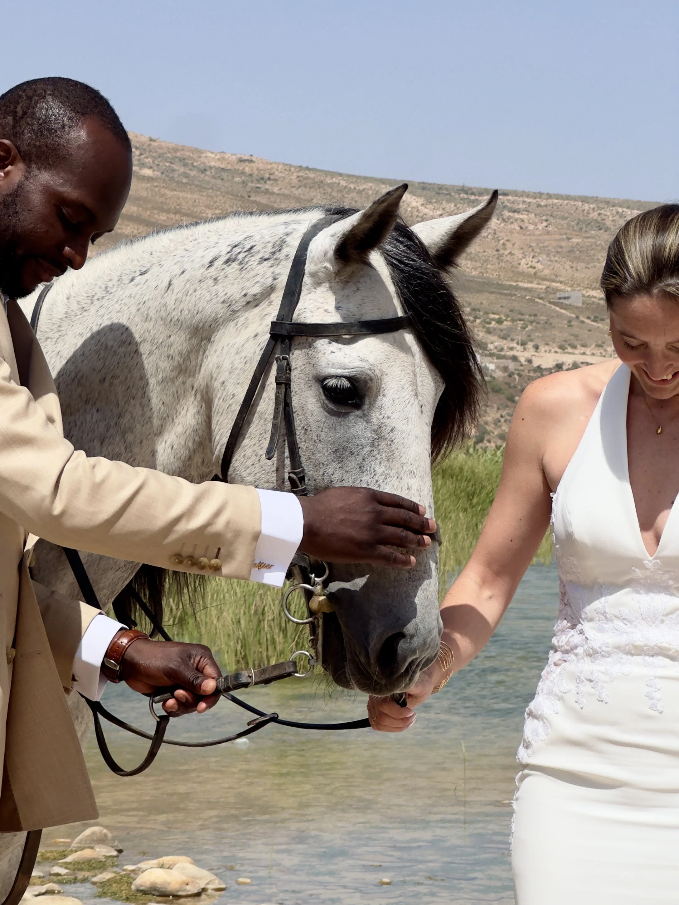A man in a beige suit and a woman in a white dress are outdoors near water with rocks, holding the bridle of a grey and white horse with black spots, during daytime with a hilly landscape in the background.