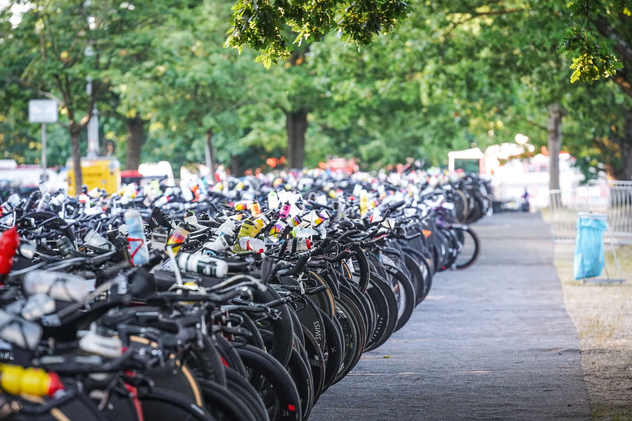 Viele nachts abgestellte Fahrräder auf einem Parkplatz unter Bäumen.