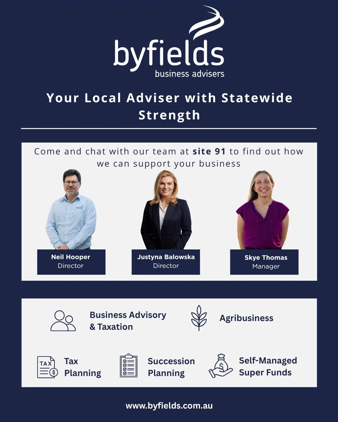 Byfields is heading to the Esperance Show!

Directors Neil Hooper and Justyna Balowska, along with Manager Skye Thomas, will be at Site 91 and look forward to catching up with clients and the local community.

If you&rsquo;re at the Show, swing by an