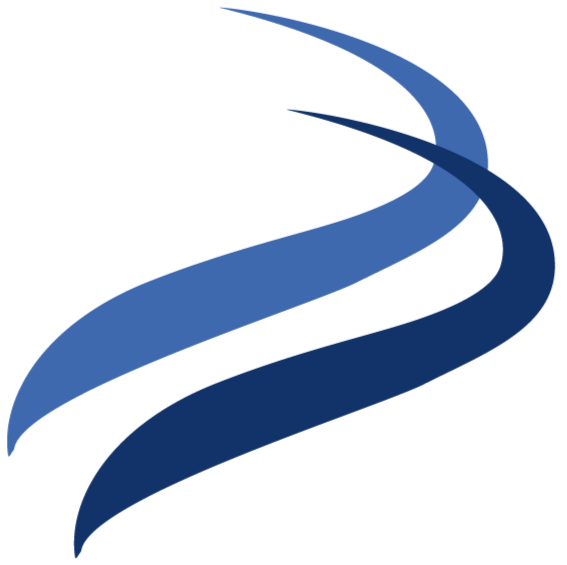 A stylized logo featuring three curved, intertwined shapes in different shades of blue.