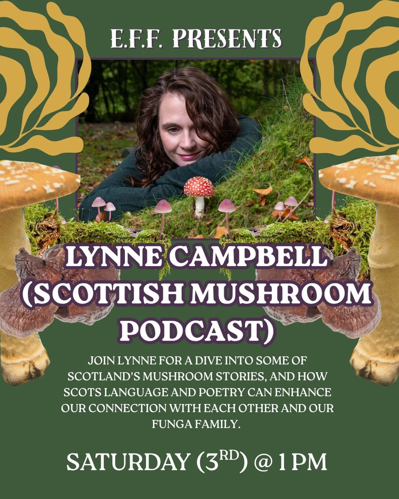 Exciting news!!

We are starting the roll-out of our programme with a very special guest spotlight on one of our presenters: Lynne Campbell of the Scottish Mushroom Podcast! In her podcast, Lynne interviews with artists, foragers, musicians, and loca