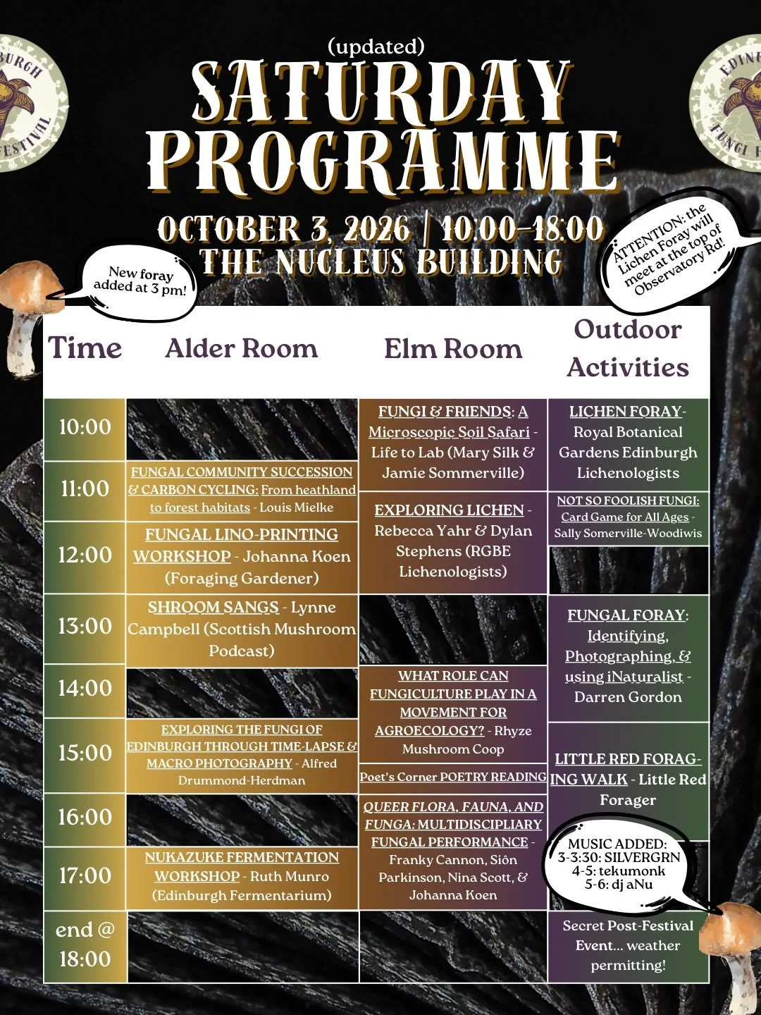 The festival is LESS THAN ONE WEEK AWAY!!

To gear up, we are sharing our UPDATED programme. There was so much interest that we had to add 2 extra forays, and we also added some fabulous tune-makers and creative writers to the line-up! Scroll to the 