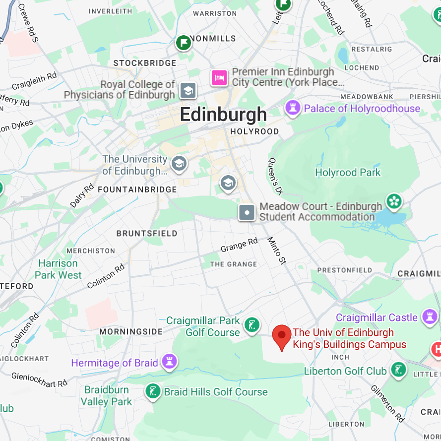 Map of Edinburgh showing university campuses, parks, golf courses, and landmarks including Holyrood Park, Palace of Holyroodhouse, Craigmillar Park Golf Course, Braid Hills Golf Course, Hermitage of Braid, and University of Edinburgh King's Buildings campus.