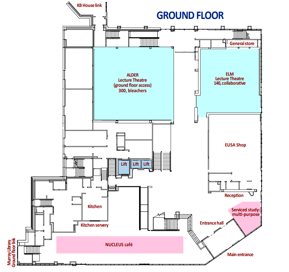Floor plan of a building's ground floor showing various rooms and areas, including two lecture theatres named ALDER and ELM, a kitchen and kitchen servery, a café called NUCLEUS, an EUSA shop, a reception area, an entrance hall, a main entrance, a serviced study multi-purpose area, three lifts, and other small rooms. The plan includes labels for staircases, pathways, and specific facilities.