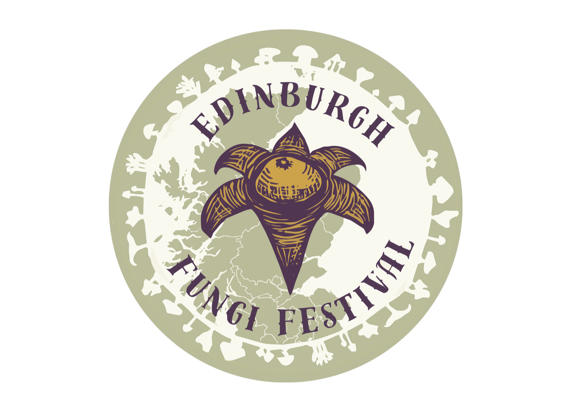 Logo for the Edinburgh Fungi Festival featuring a stylized fungus with a face, a map of the Edinburgh area in the background, and text surrounding the fungus.