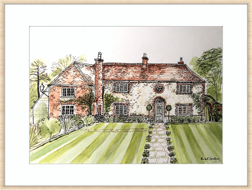 Watercolor illustration of a historic brick and stone house with a garden and a paved path leading to the front door.