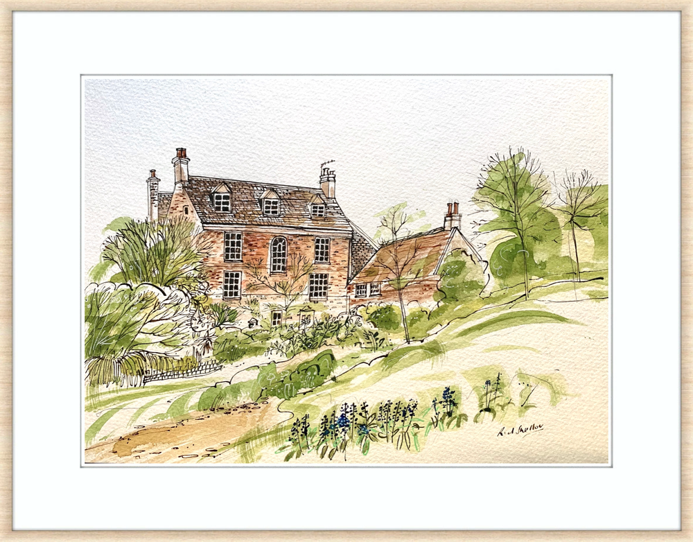 A watercolor painting of a brick house with multiple chimneys, surrounded by trees and a garden with blue flowers.