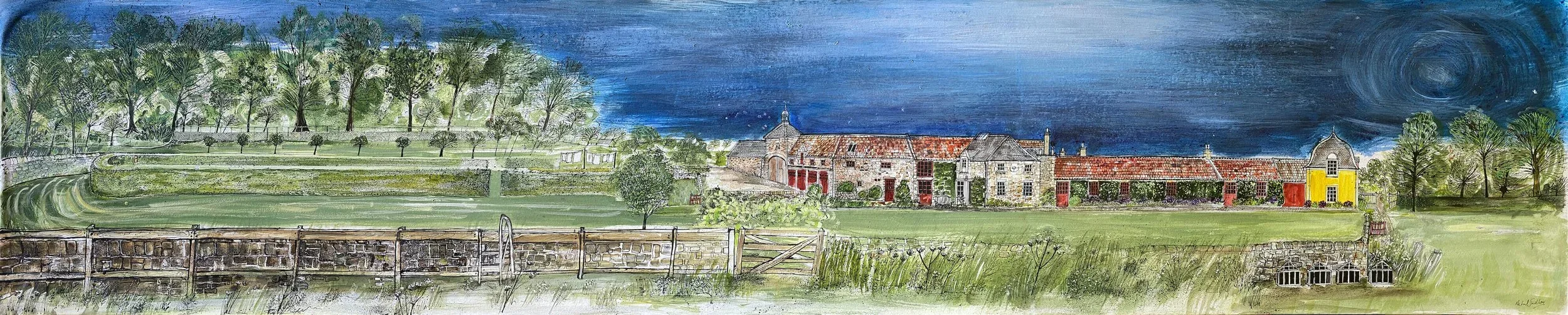 Colorful landscape painting of a rural area with a large open field, trees, a stone wall, and a long row of buildings with red roofs, set against a dark, swirling sky.